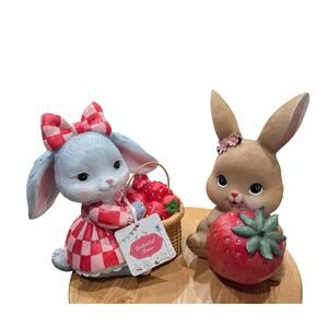 Cottontail Lane Easter Bunny Figurine Set of 2 Strawberry Whimsical Decor NEW